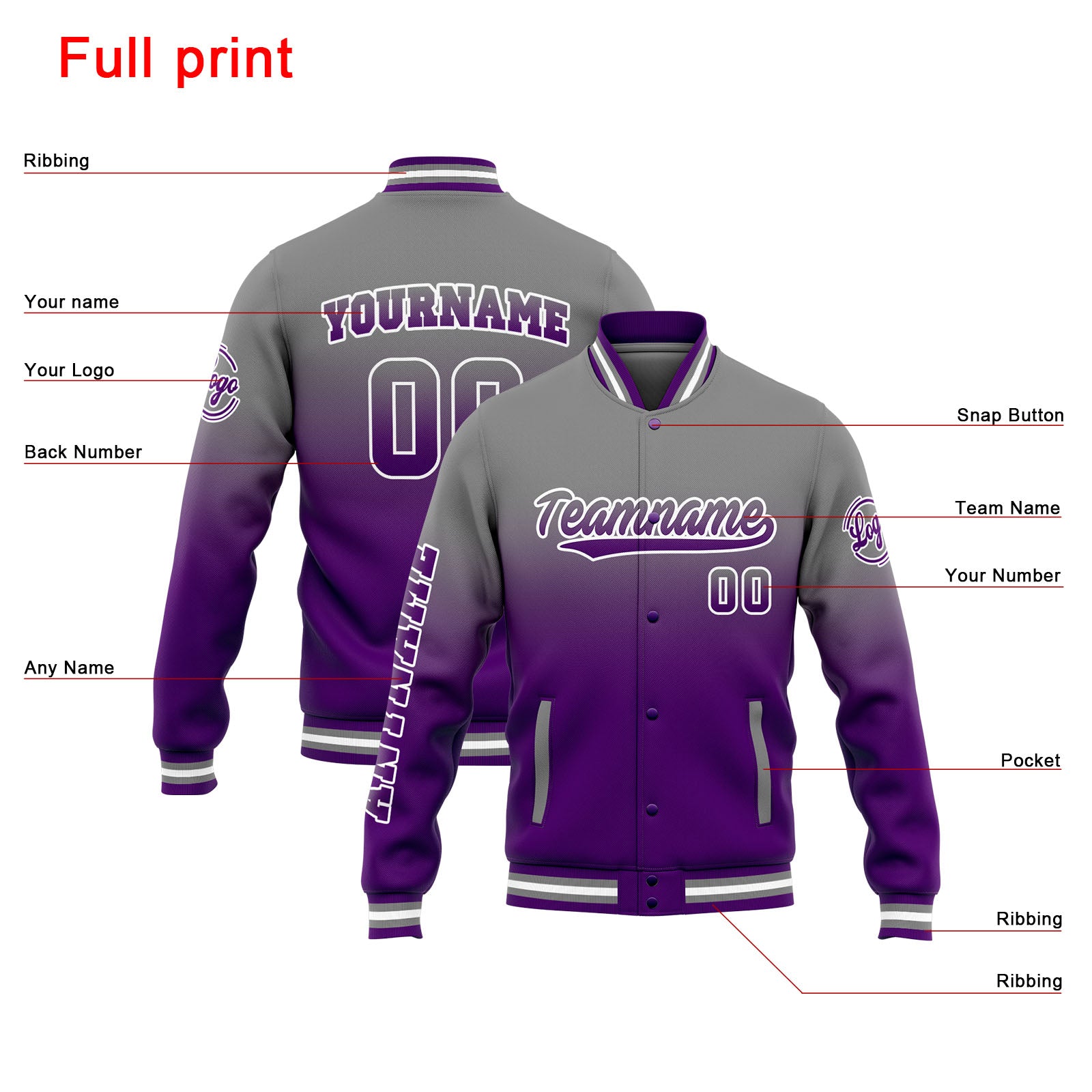 Custom Varsity Jacket Letterman Jacket For Men, Women And Youth Grey Purple Gradient