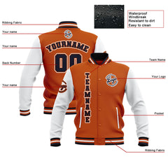 Custom Orange White Navy Waterproof Varsity Jackets Personalized Stitched Name Number Logo to Letterman Jackets