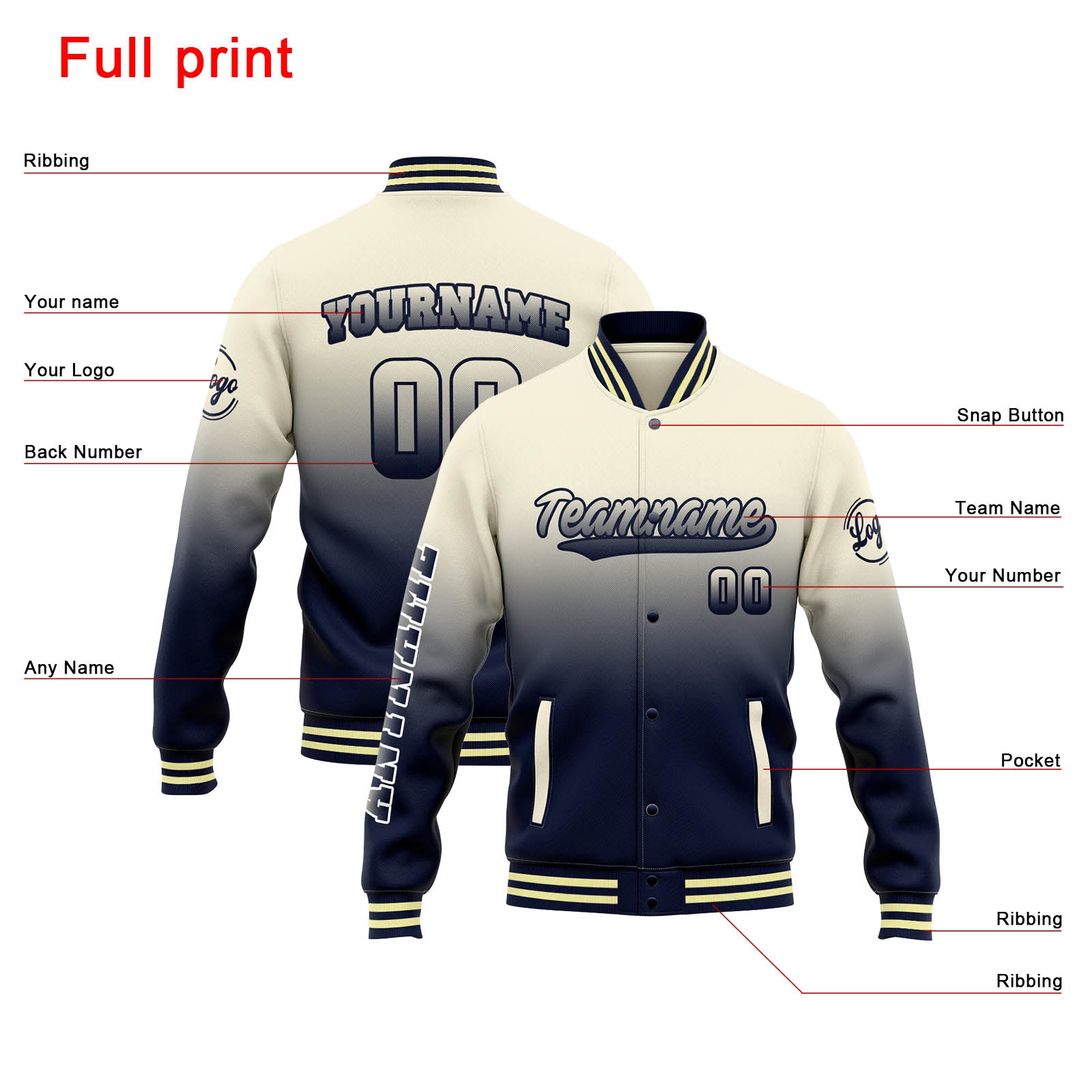 Custom Varsity Jacket Letterman Jacket For Men, Women And Youth Cream Navy Gradient