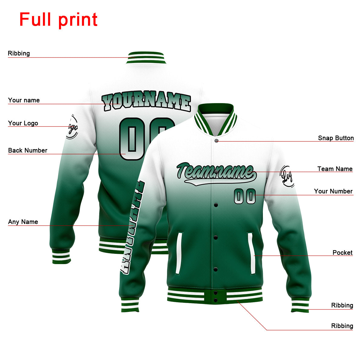 Custom Varsity Jacket Letterman Jacket For Men, Women And Youth White&Green