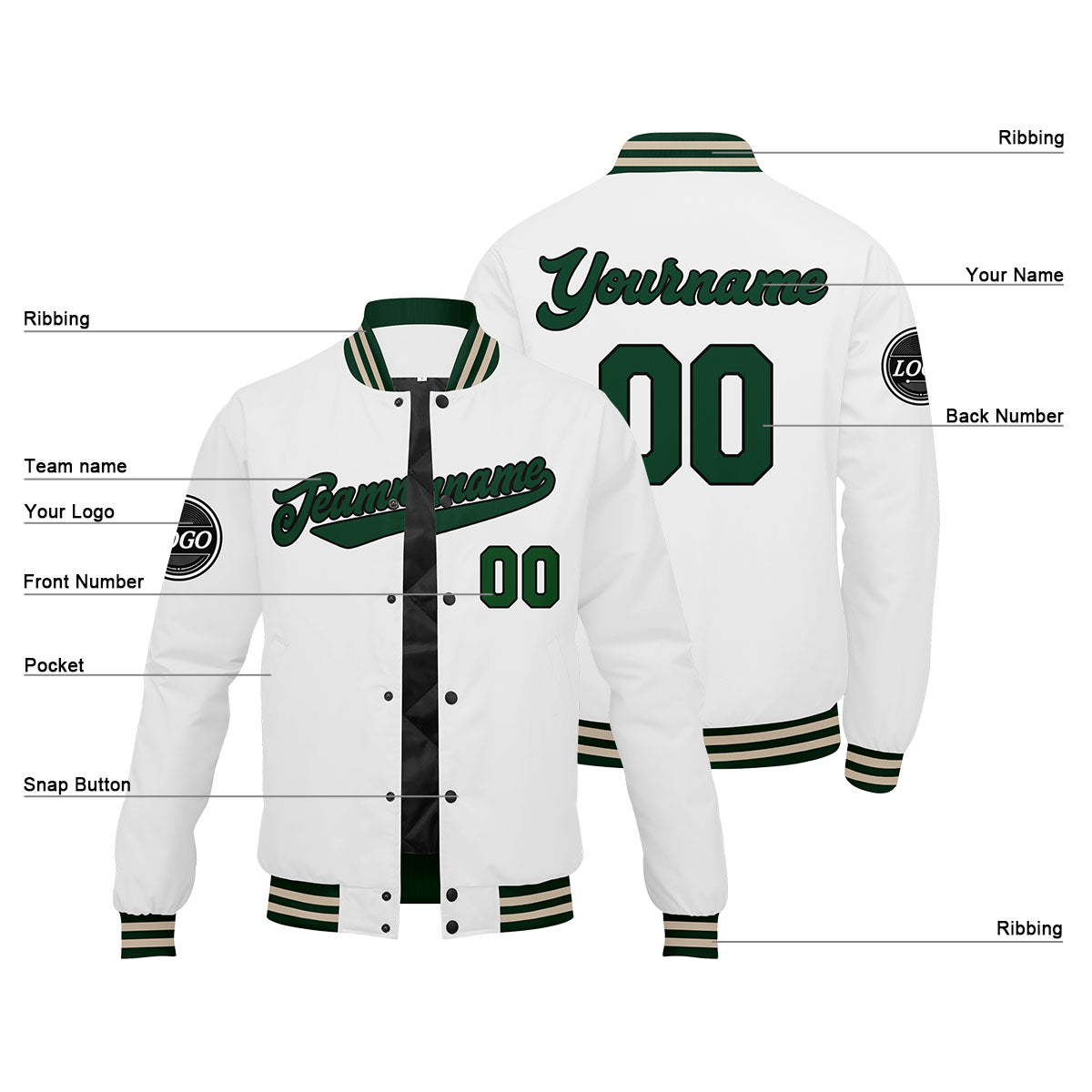 Custom Varsity Jacket Letterman Jacket For Men, Women And Youth Drak Green White Cream