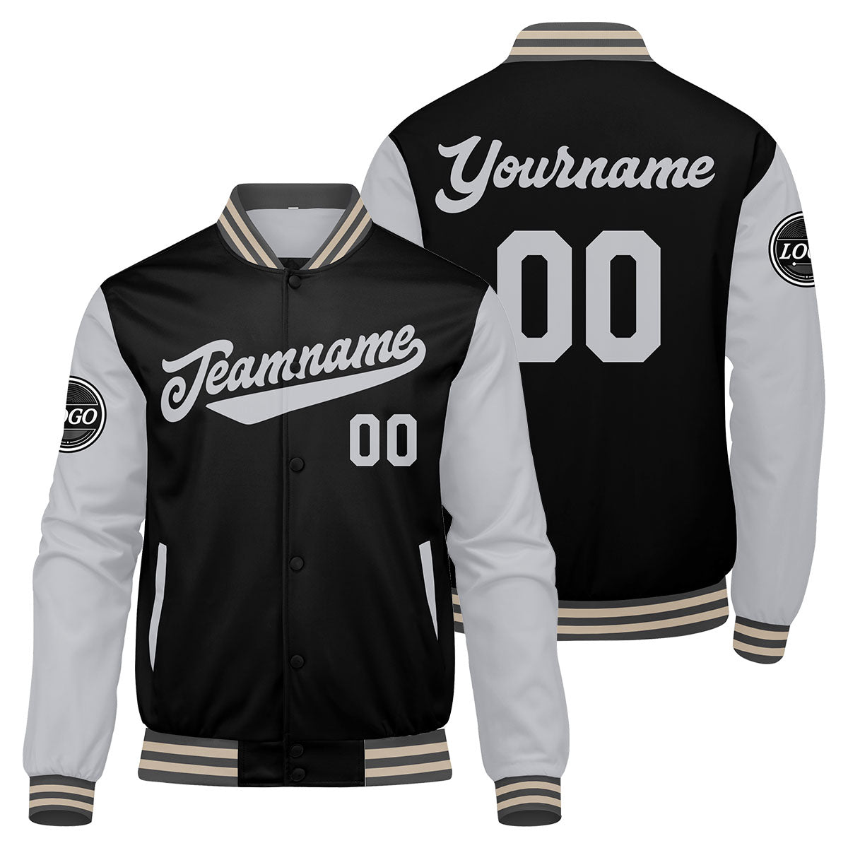 Custom Varsity Jacket Letterman Jacket For Men, Women And Youth Grey Black Cream