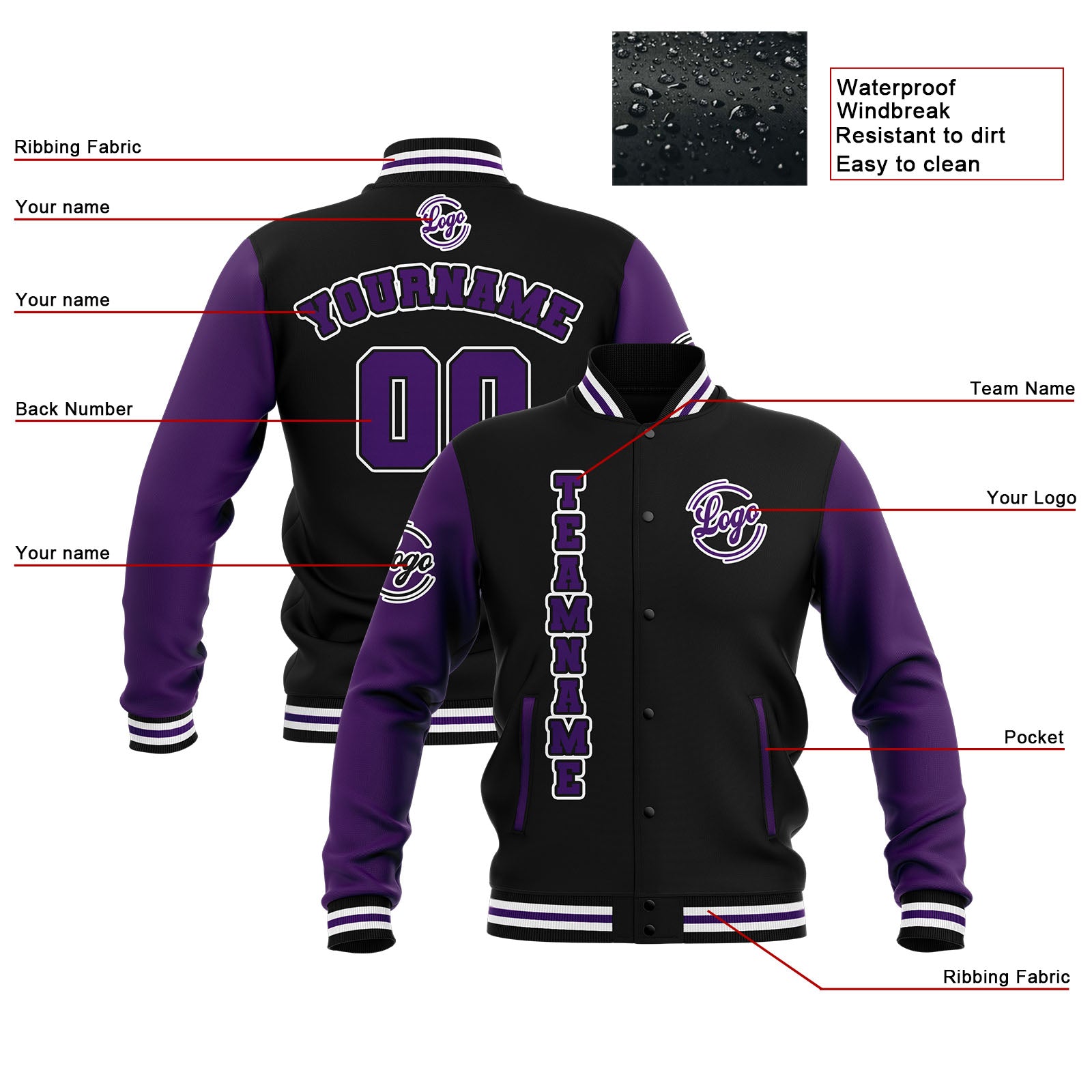 Custom Black Purple White  Waterproof Varsity Jackets Personalized Stitched Name Number Logo to Letterman Jackets