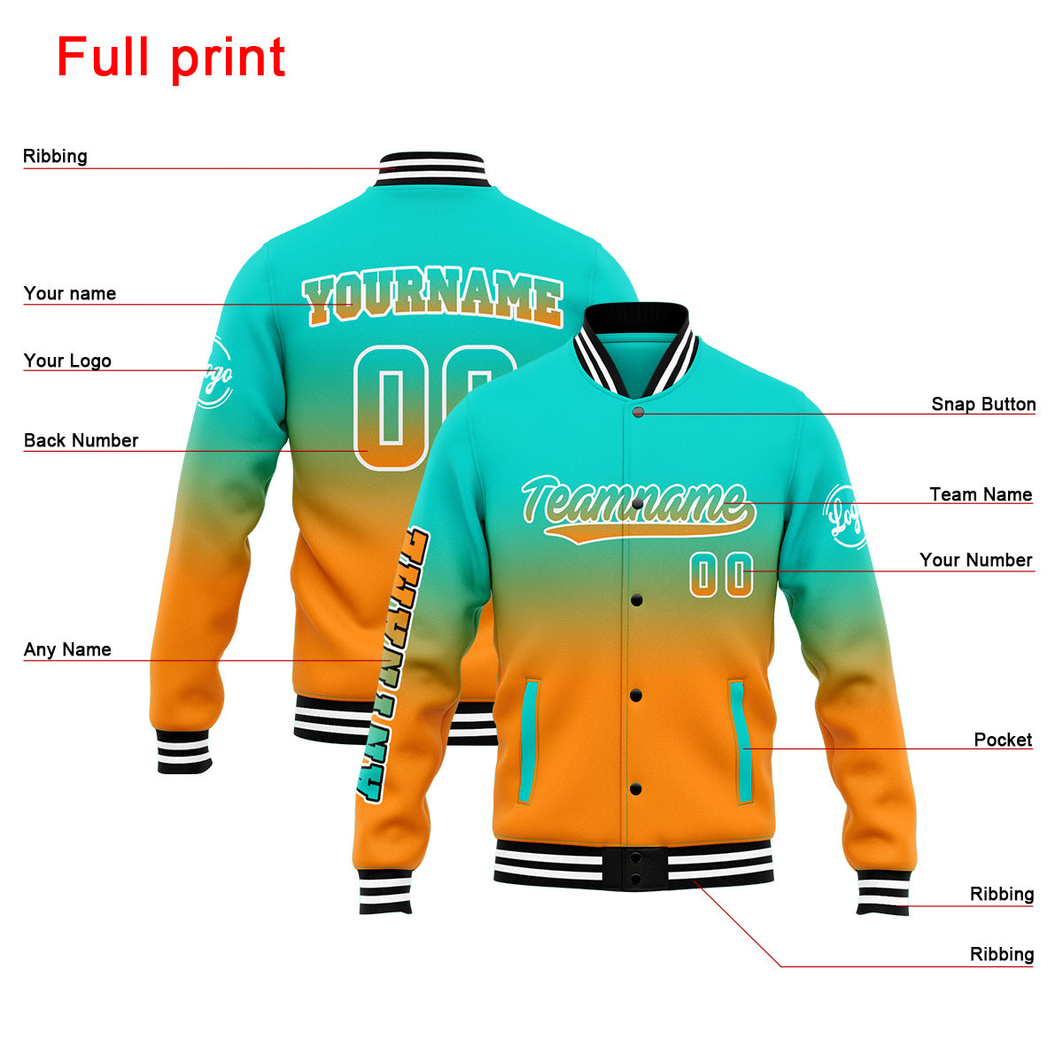 Custom Varsity Jacket Letterman Jacket For Men, Women And Youth Teal&Orange