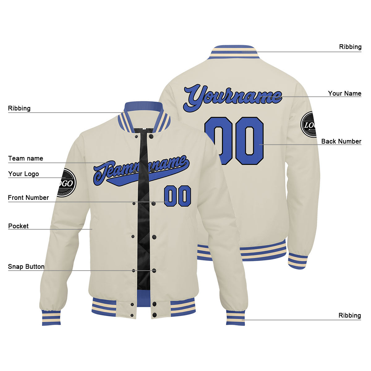 Custom Varsity Jacket Letterman Jacket For Men, Women And Youth Cream Blue