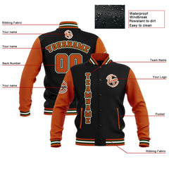 Custom Black Orange Green  Waterproof Varsity Jackets Personalized Stitched Name Number Logo to Letterman Jackets