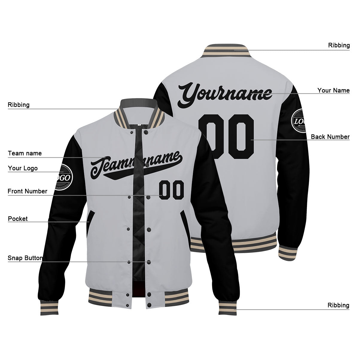 Custom Varsity Jacket Letterman Jacket For Men, Women And Youth Grey Black Cream