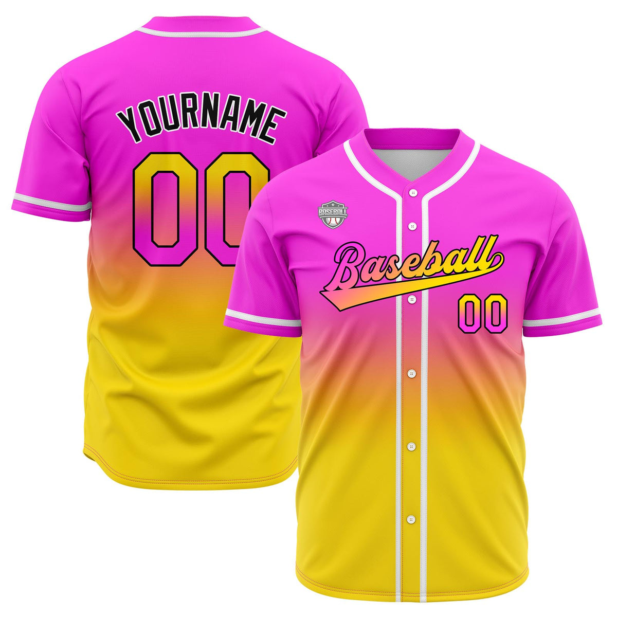 Custom Gradient Print Hip Hop Button Down Baseball Jersey Pink&Chartreuse