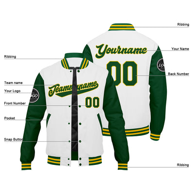 Custom Varsity Jacket Letterman Jacket For Men, Women And Youth Green Yellow White