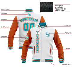 Custom Whtie Orange Teal Waterproof Varsity Jackets Personalized Stitched Name Number Logo to Letterman Jackets