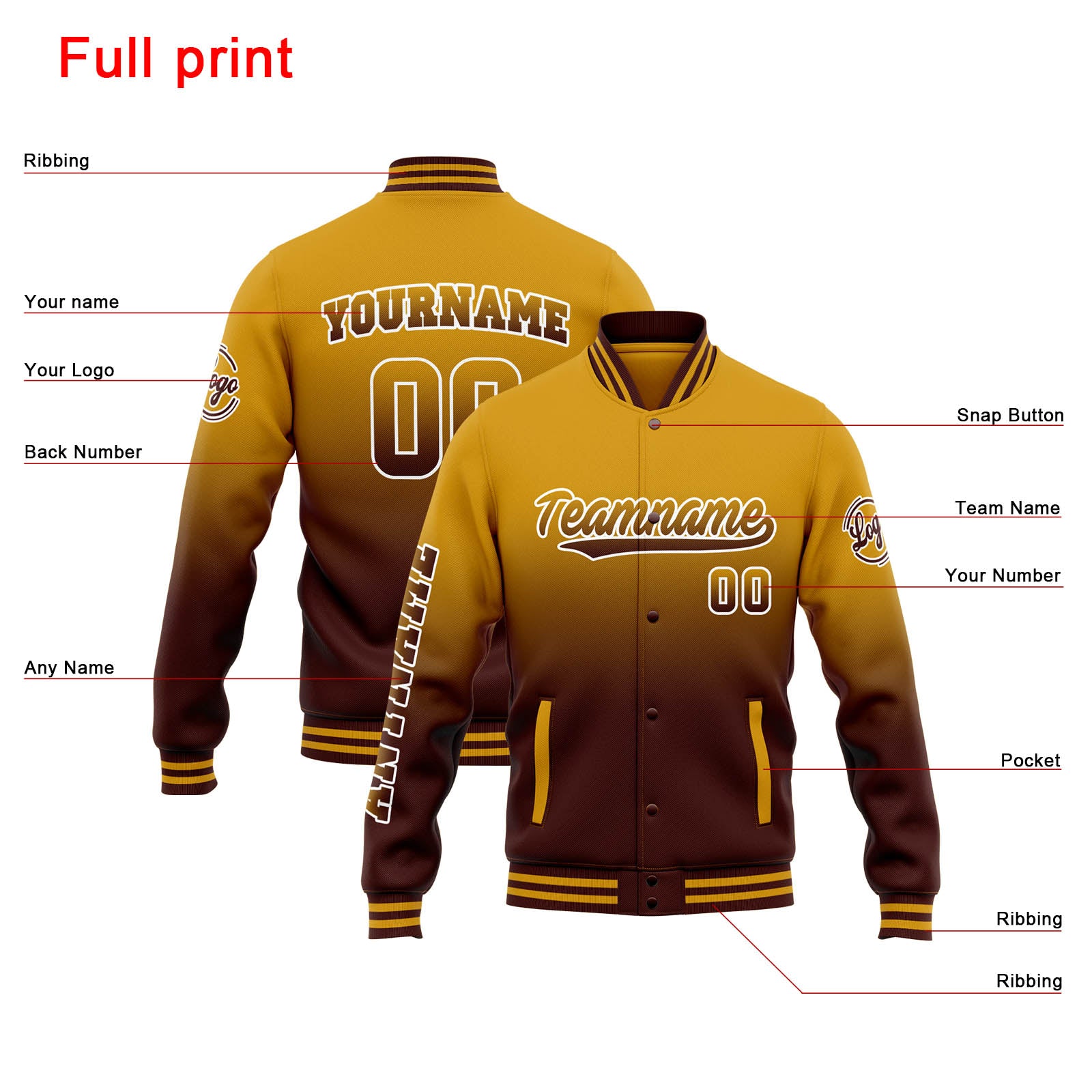 Custom Varsity Jacket Letterman Jacket For Men, Women And Youth Gold Burgundy Gradient