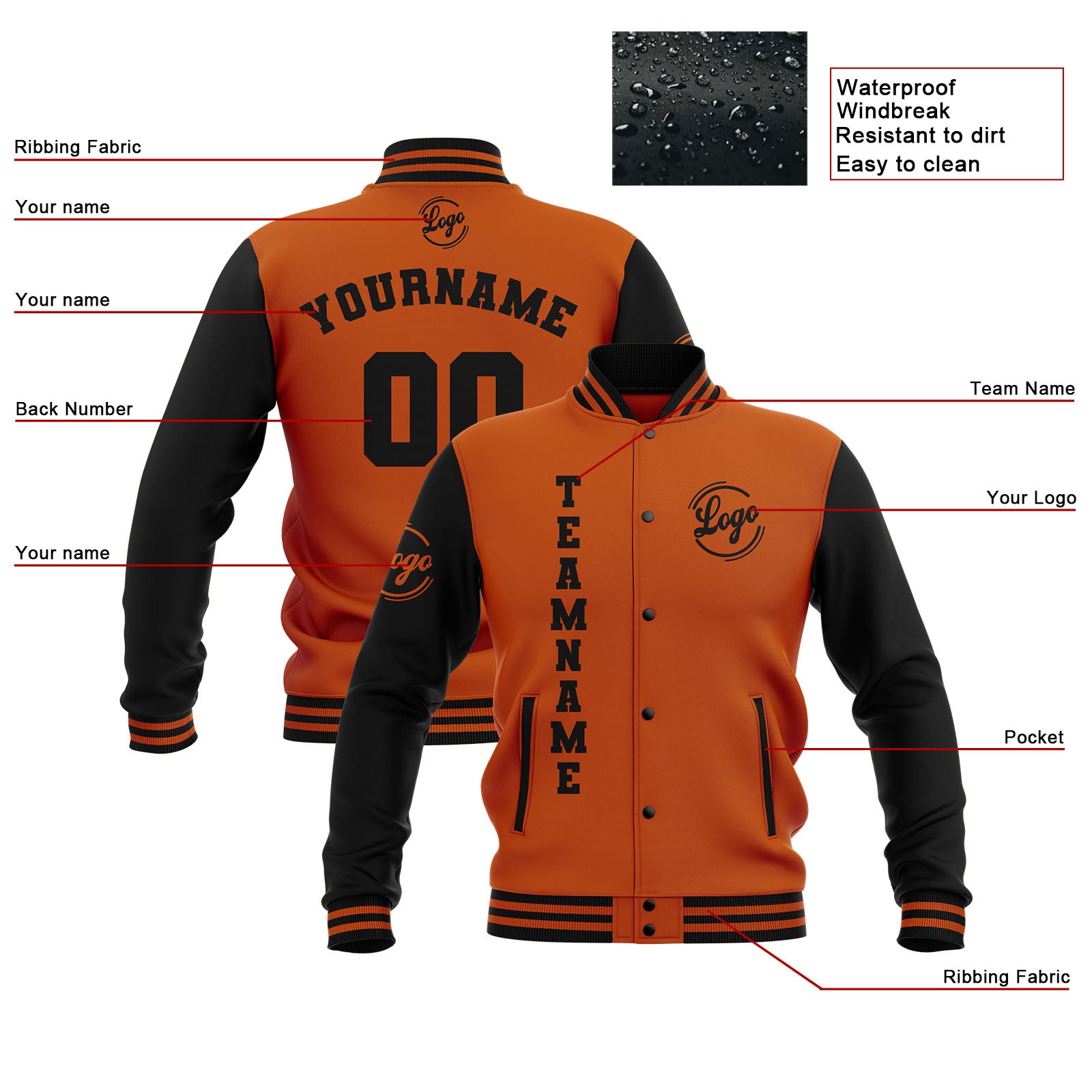 Custom Black Dark Orange Waterproof Varsity Jackets Personalized Stitched Name Number Logo to Letterman Jackets