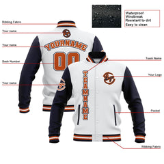 Custom White Navy Orange Waterproof Varsity Jackets Personalized Stitched Name Number Logo to Letterman Jackets