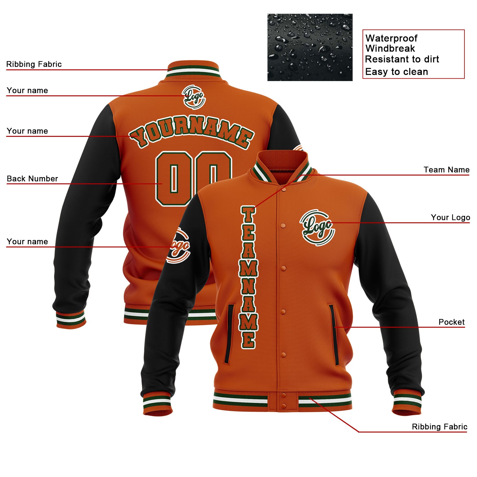 Custom Black Orange Green  Waterproof Varsity Jackets Personalized Stitched Name Number Logo to Letterman Jackets