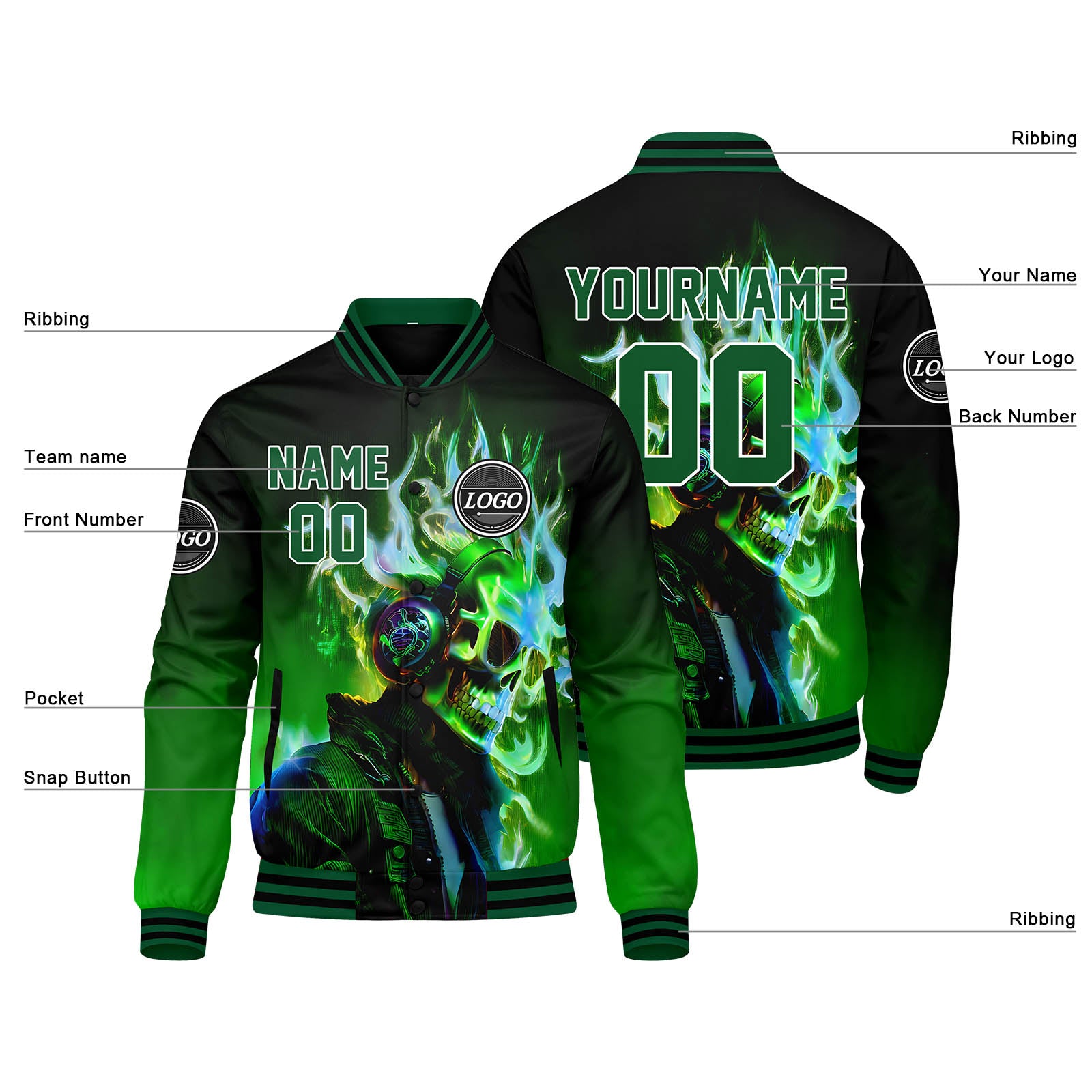 Custom Varsity Jacket Letterman Jacket For Men, Women And Youth Black Green