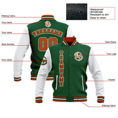 Custom Green White Orange Waterproof Varsity Jackets Personalized Stitched Name Number Logo to Letterman Jackets