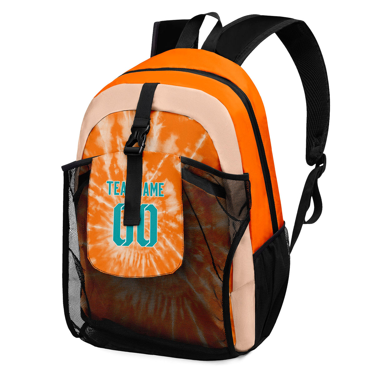 Customize Orange Teal Sports Backpacks Featuring Personalized Names, Numbers and Logos