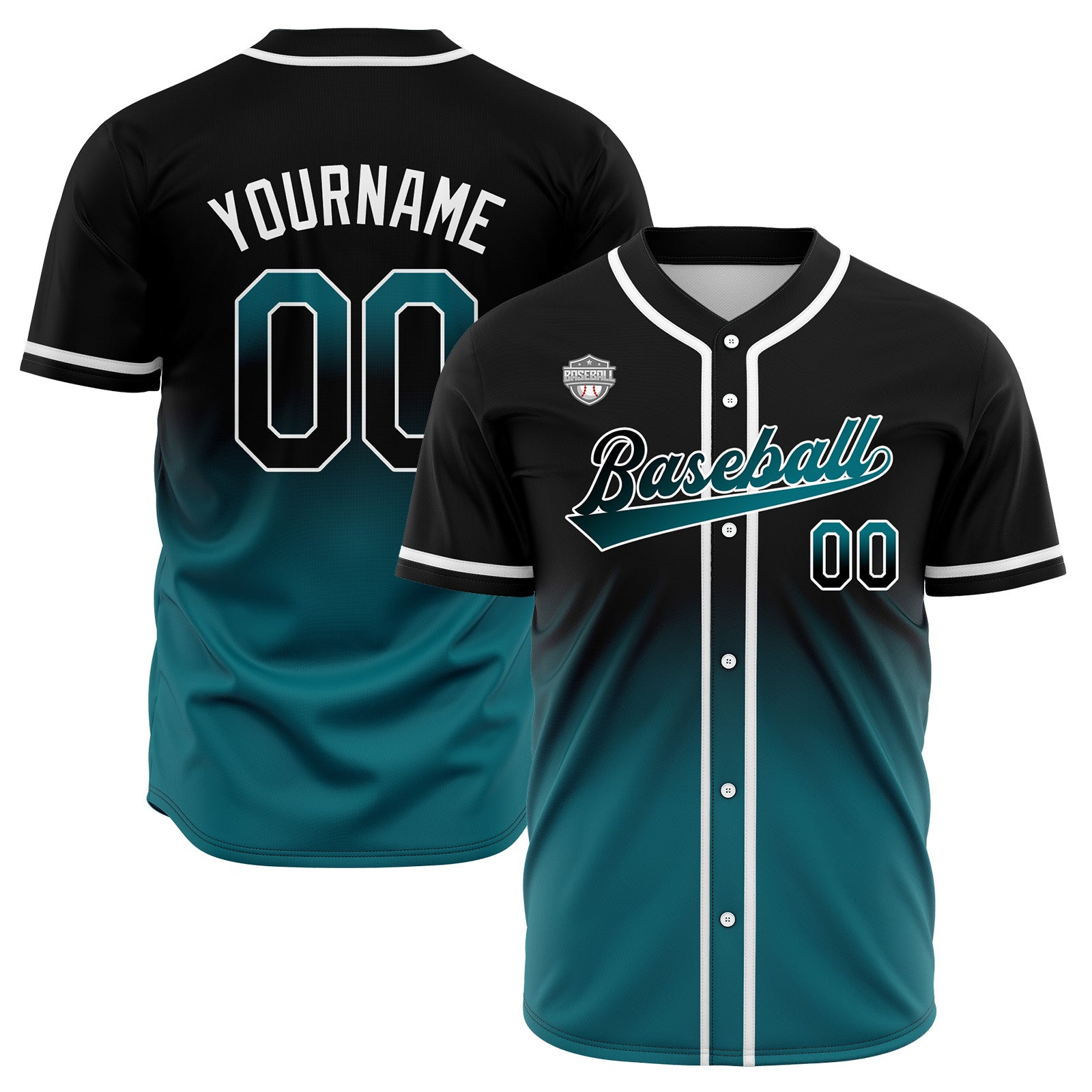 Custom Gradient Print Hip Hop Button Down Baseball Jersey Black&Green