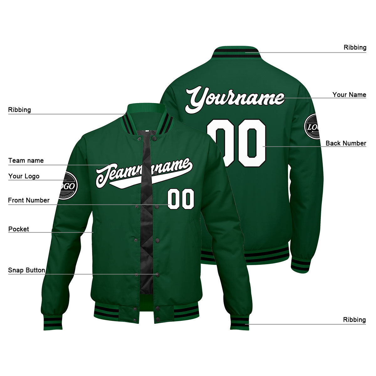 Custom Varsity Jacket Letterman Jacket For Men, Women And Youth Green Black White