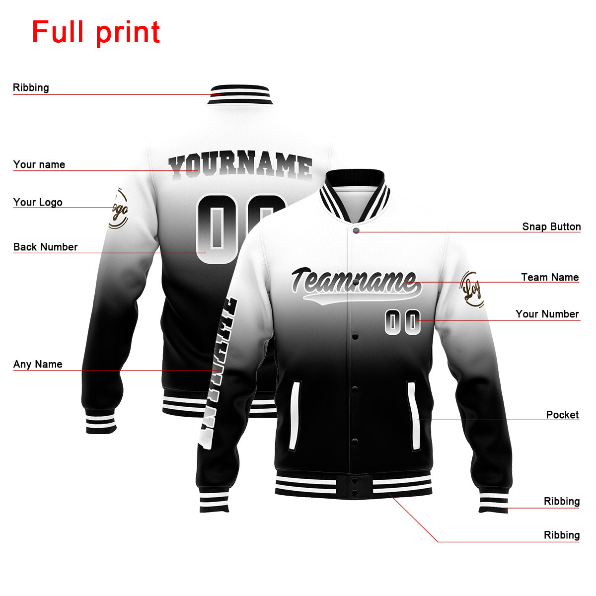 Custom Varsity Jacket Letterman Jacket For Men, Women And Youth White&Black