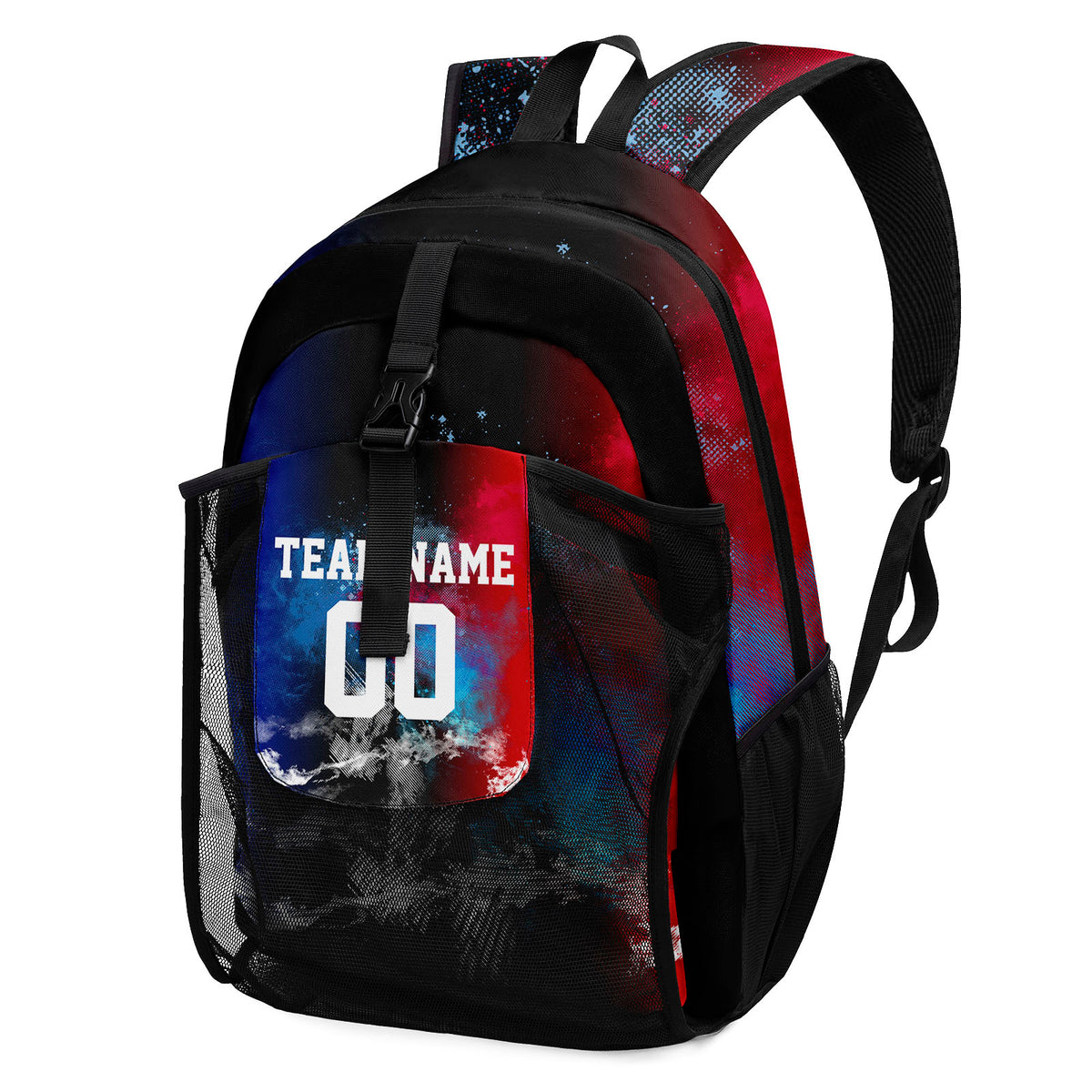 Customize Blue Red Sports Backpacks Featuring Personalized Names, Numbers and Logos