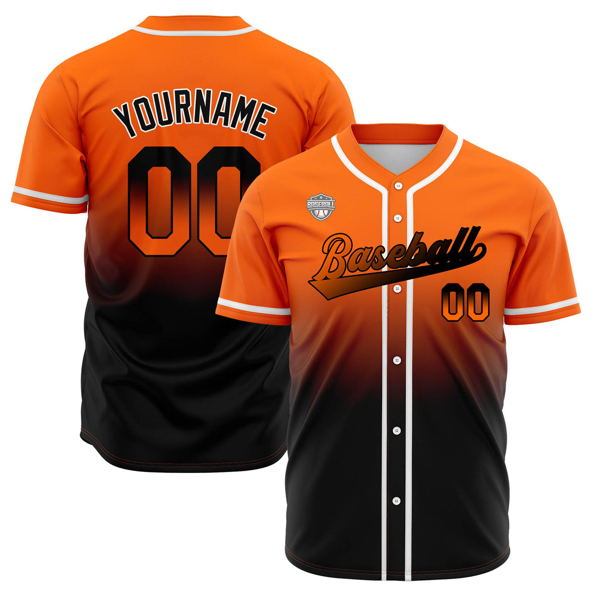 Custom Gradient Print Hip Hop Button Down Baseball Jersey Orange&Black