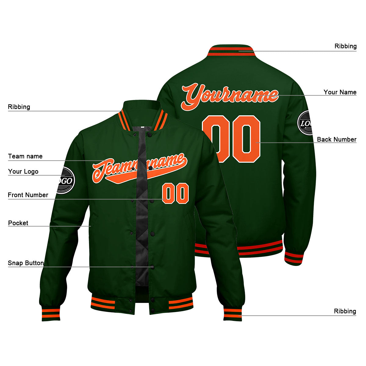 Custom Varsity Jacket Letterman Jacket For Men, Women And Youth Dark Green Orange