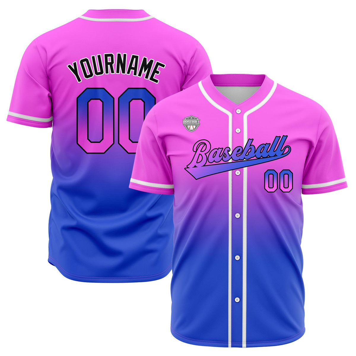 Custom Gradient Print Hip Hop Button Down Baseball Jersey Pink&Blue