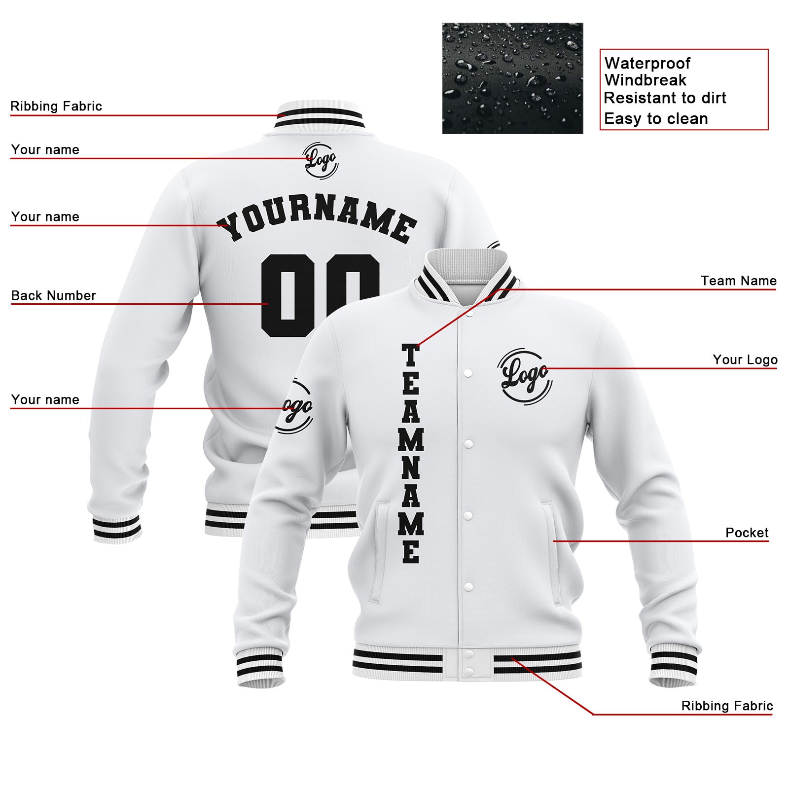 Custom White Waterproof Varsity Jackets Personalized Stitched Name Number Logo to Letterman Jackets