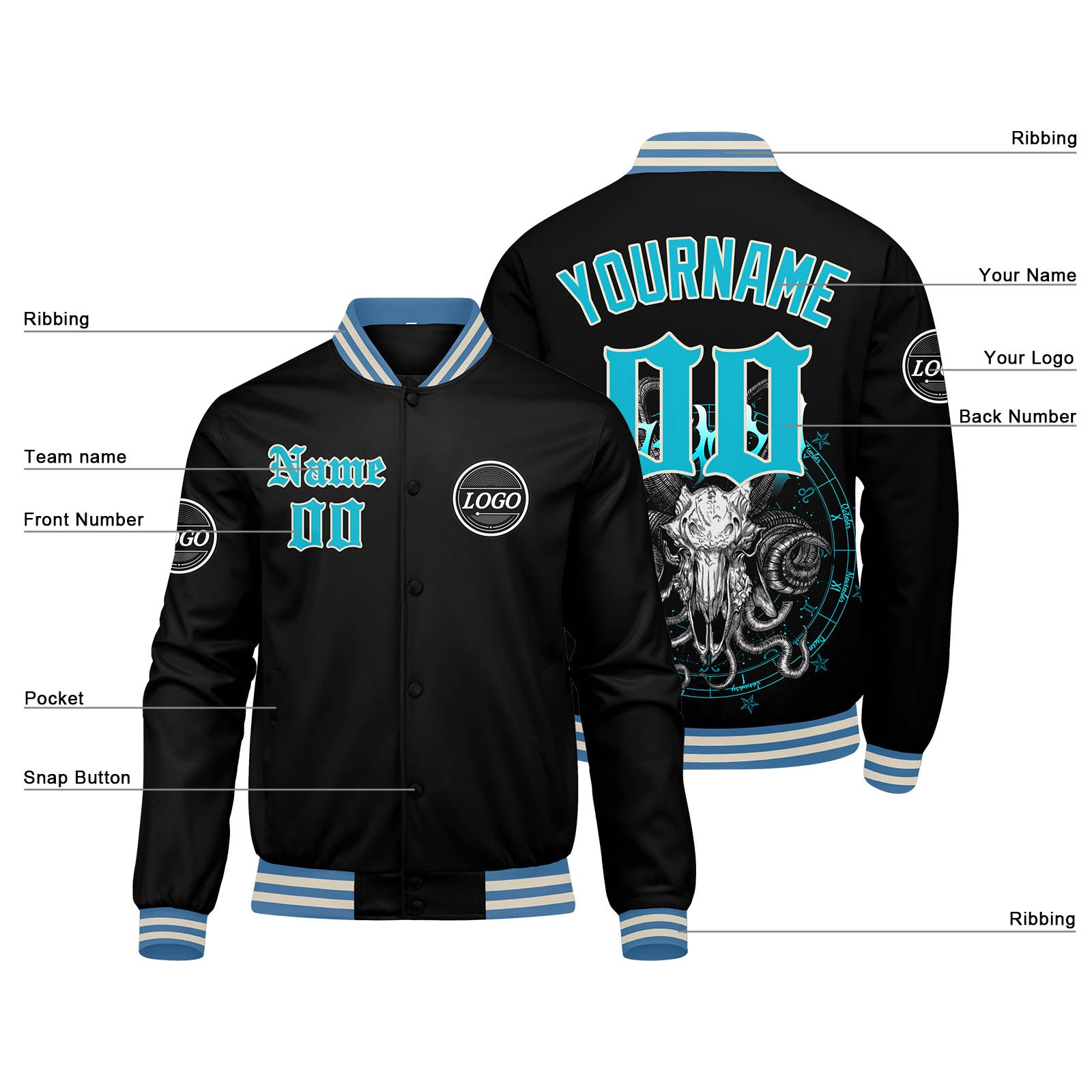 Custom Varsity Jacket Letterman Jacket For Men, Women And Youth Light Blue