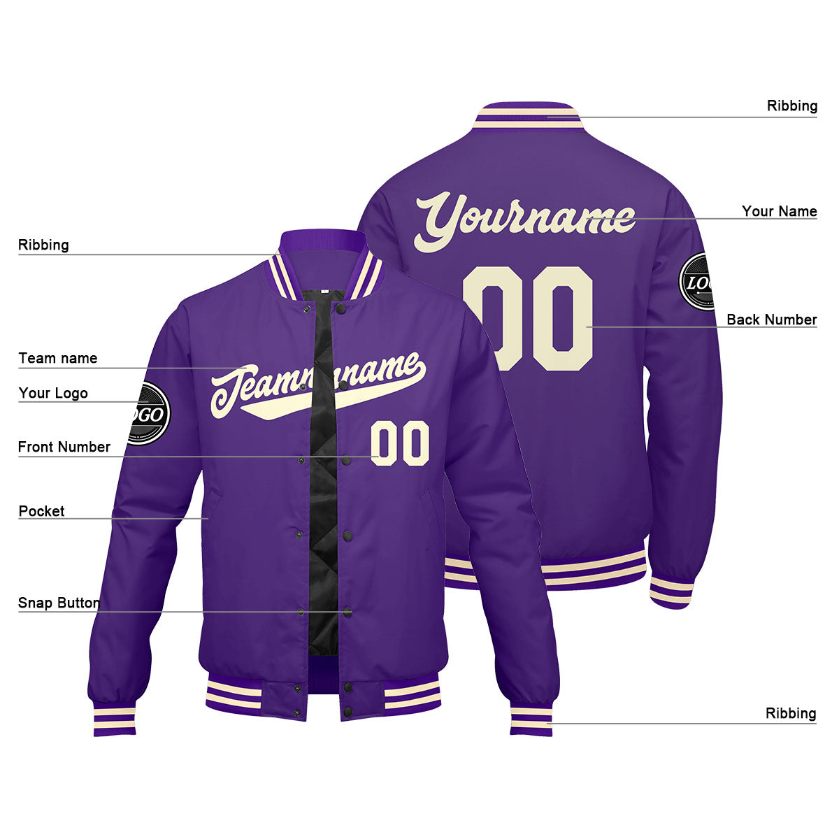 Custom Varsity Jacket Letterman Jacket For Men, Women And Youth Purple Cream