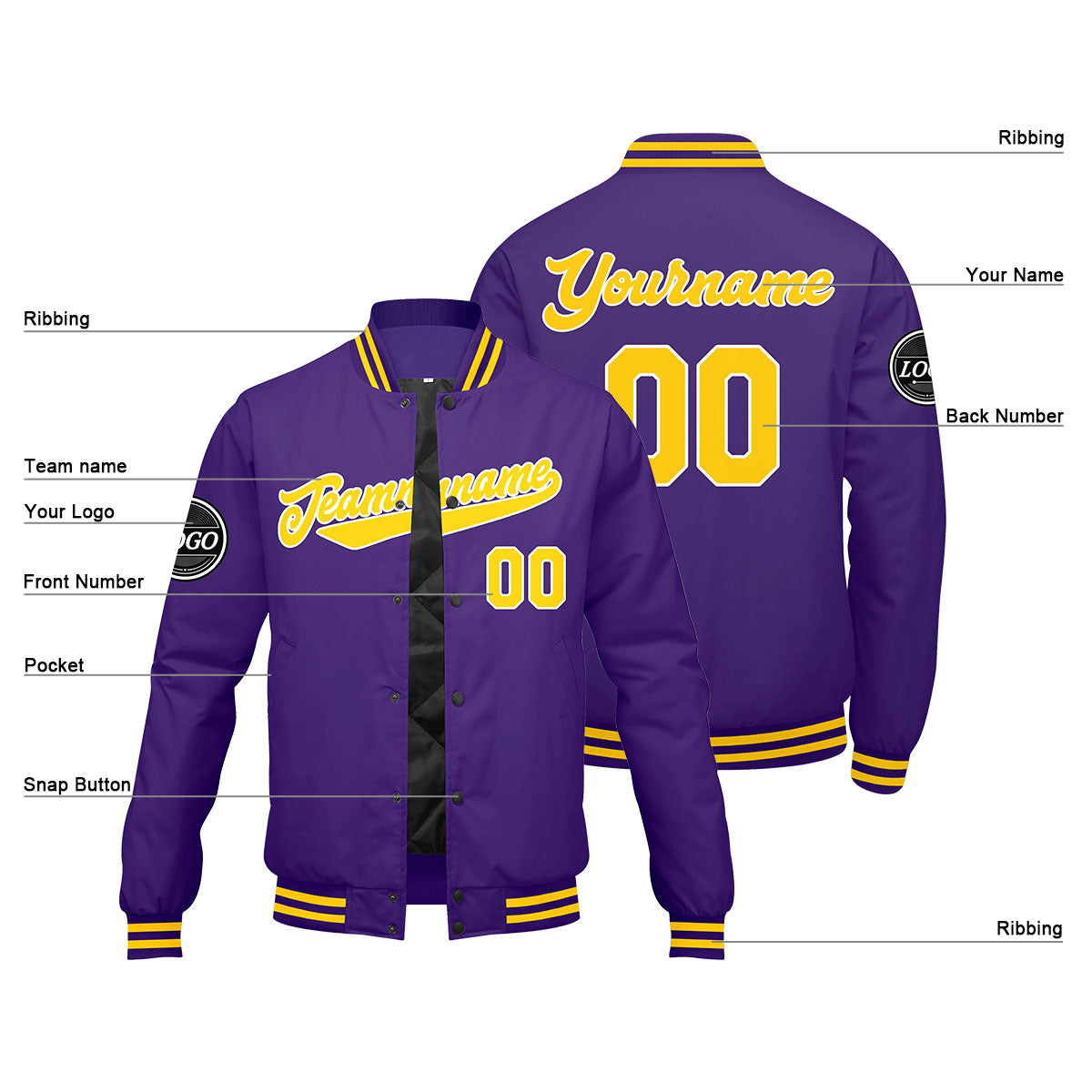 Custom Varsity Jacket Letterman Jacket For Men, Women And Youth Purple Yellow