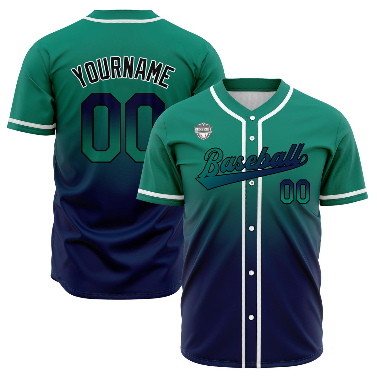 Custom Gradient Print Hip Hop Button Down Baseball Jersey Green&Navy