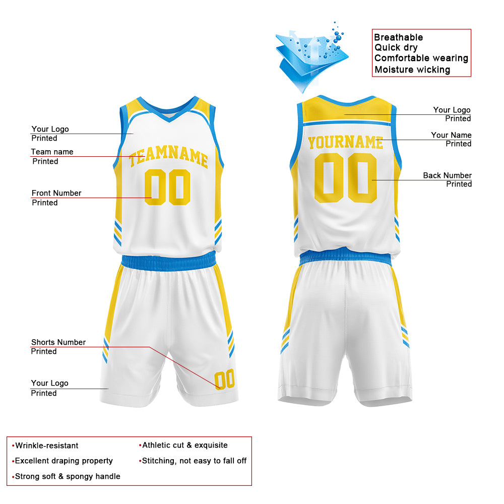 Custom White-Blue-Yellow Basketball Jersey for man women uniform Suit Kids Adults Personalized Jersey