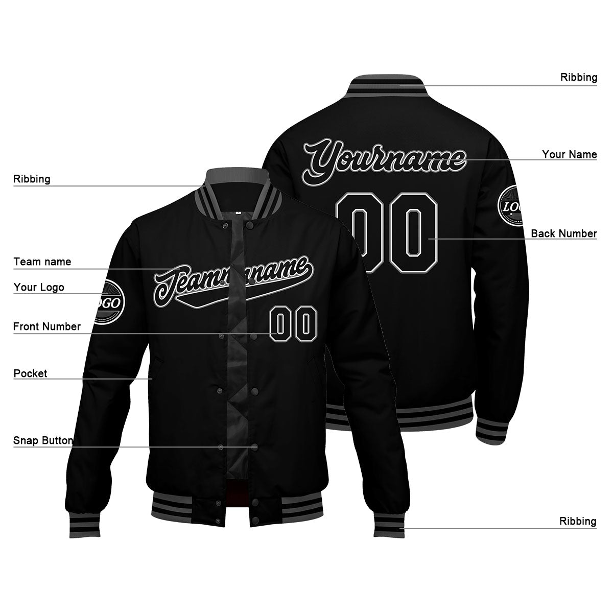 Custom Varsity Jacket Letterman Jacket For Men, Women And Youth Black Grey