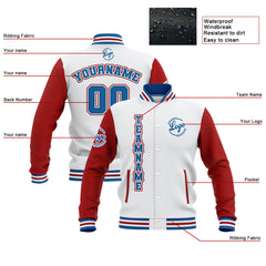 Custom White Red Blue Waterproof Varsity Jackets Personalized Stitched Name Number Logo to Letterman Jackets