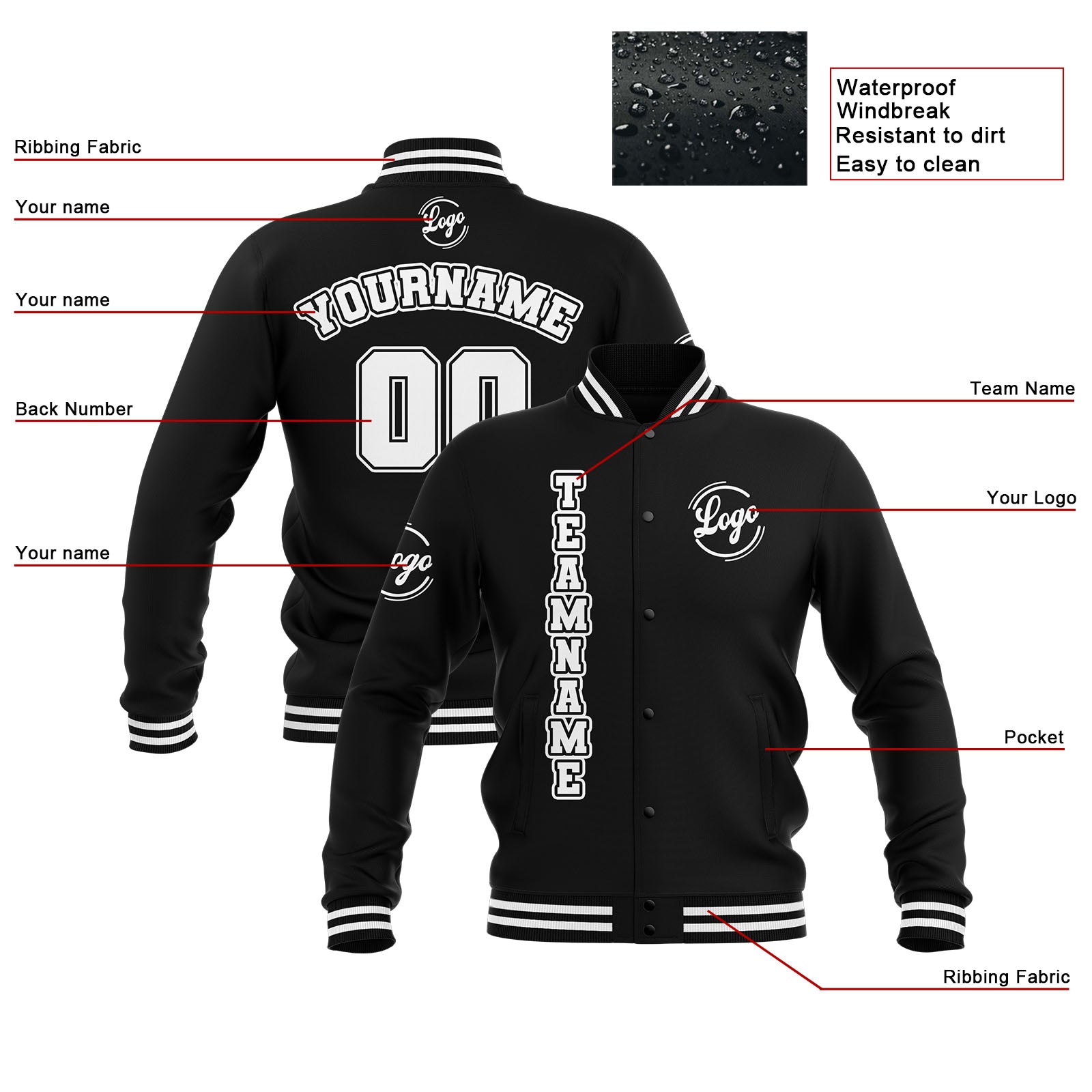 Custom Black White Waterproof Varsity Jackets Personalized Stitched Name Number Logo to Letterman Jackets