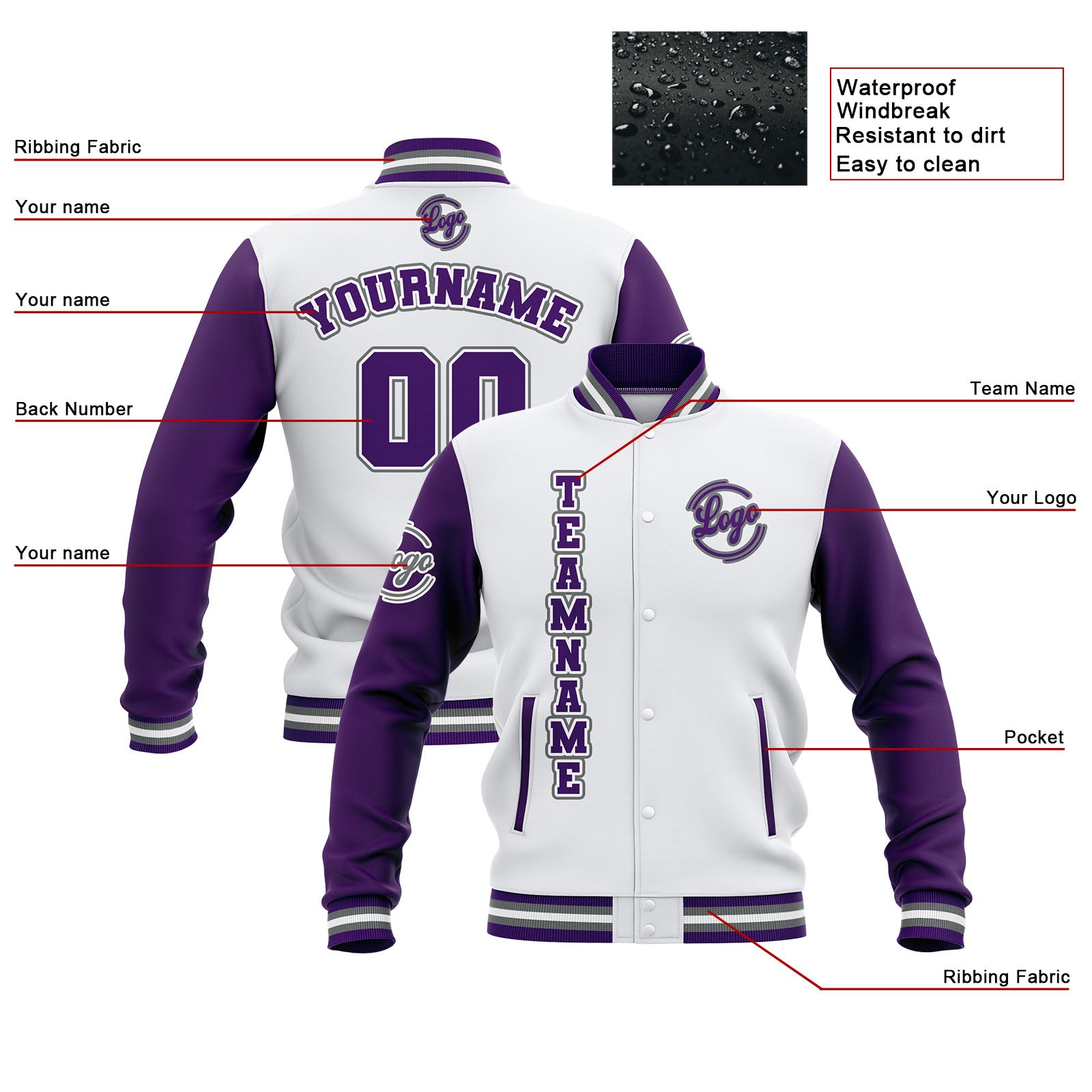 Custom White Purple Grey Waterproof Varsity Jackets Personalized Stitched Name Number Logo to Letterman Jackets