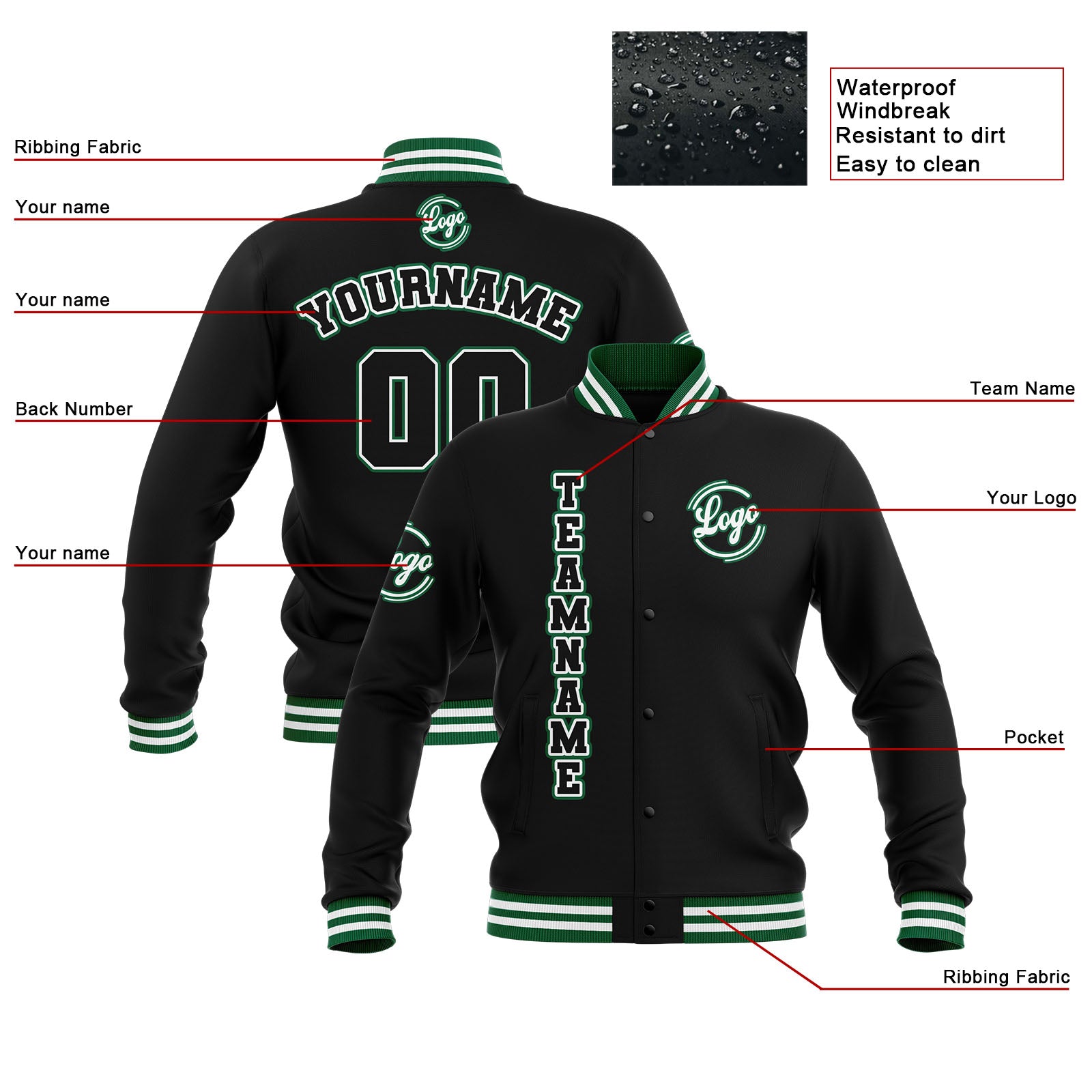 Custom Black White Green Waterproof Varsity Jackets Personalized Stitched Name Number Logo to Letterman Jackets