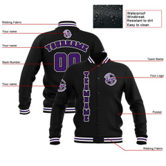 Custom Black Purple White  Waterproof Varsity Jackets Personalized Stitched Name Number Logo to Letterman Jackets