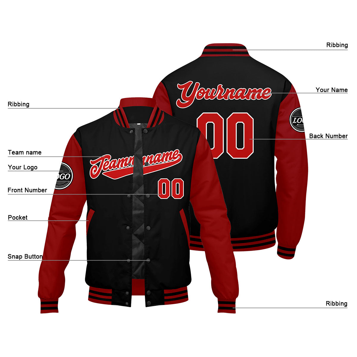 Custom Varsity Jacket Letterman Jacket For Men, Women And Youth Red Black