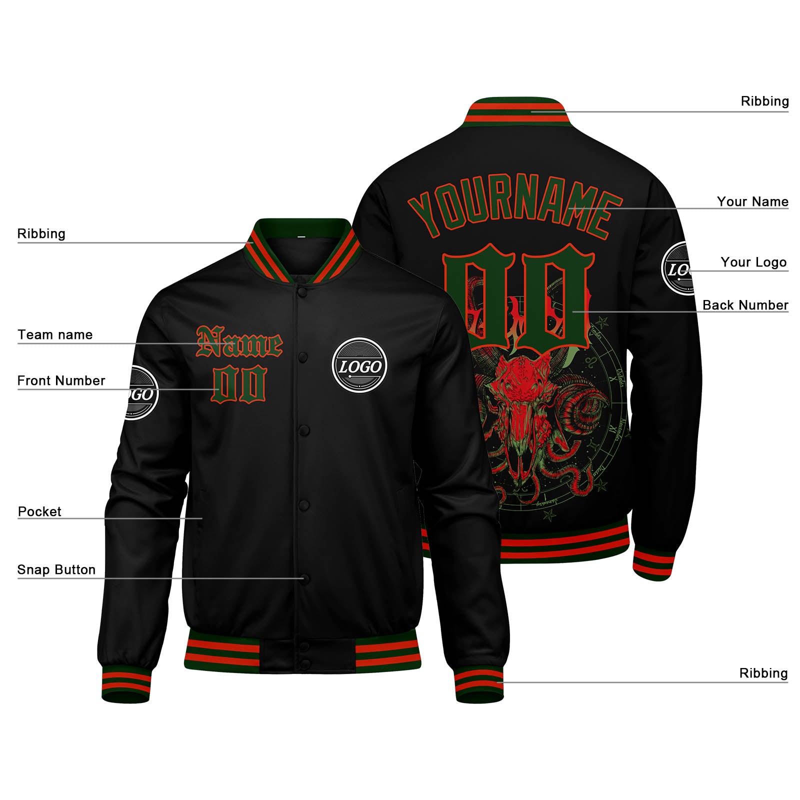 Custom Varsity Jacket Letterman Jacket For Men, Women And Youth Red Green