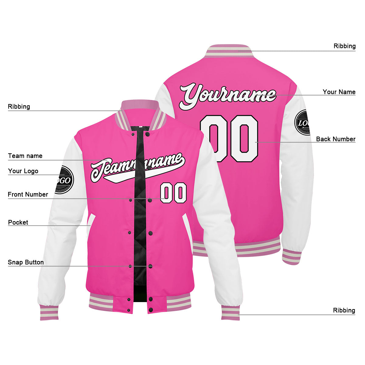 Custom Varsity Jacket Letterman Jacket For Men, Women And Youth Pink