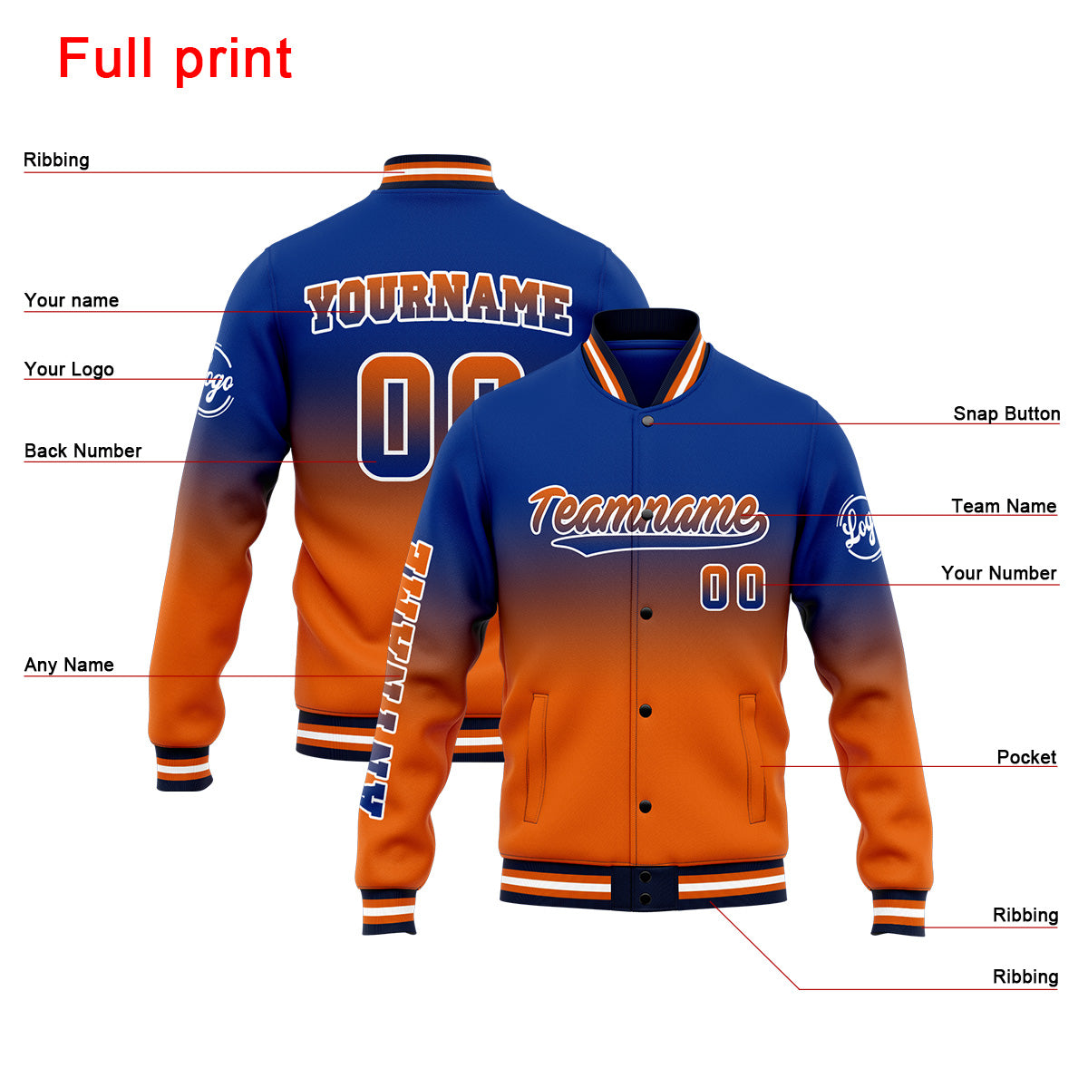 Custom Varsity Jacket Letterman Jacket For Men, Women And Youth Royal&Orange