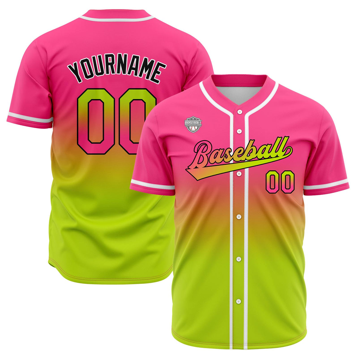 Custom Gradient Print Hip Hop Button Down Baseball Jersey Pink&Chartreuse