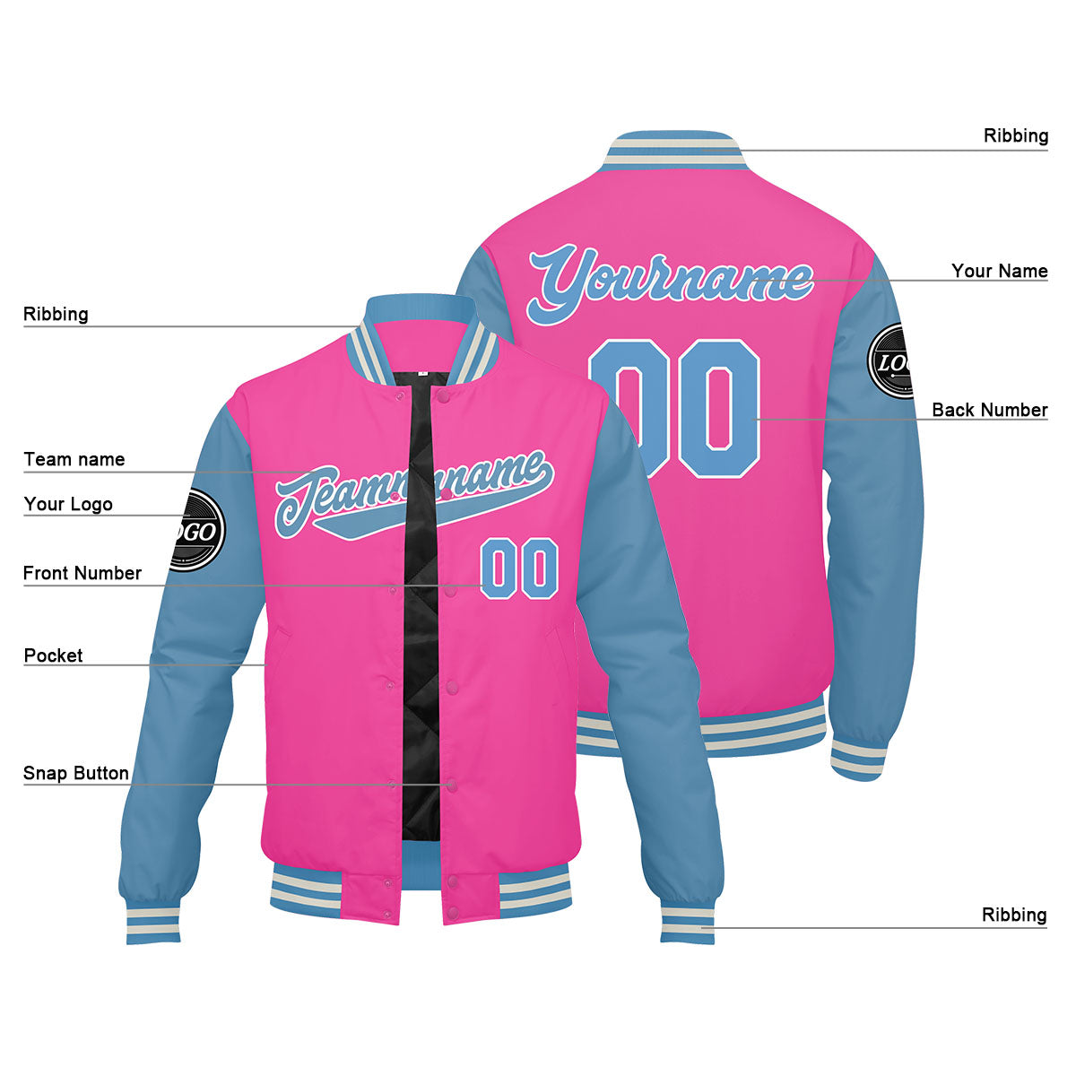 Custom Varsity Jacket Letterman Jacket For Men, Women And Youth Pink