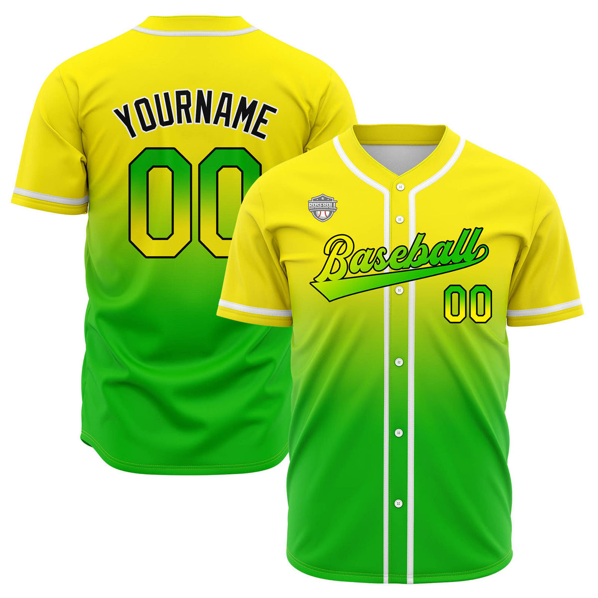 Custom Gradient Print Hip Hop Button Down Baseball Jersey Yellow&Green