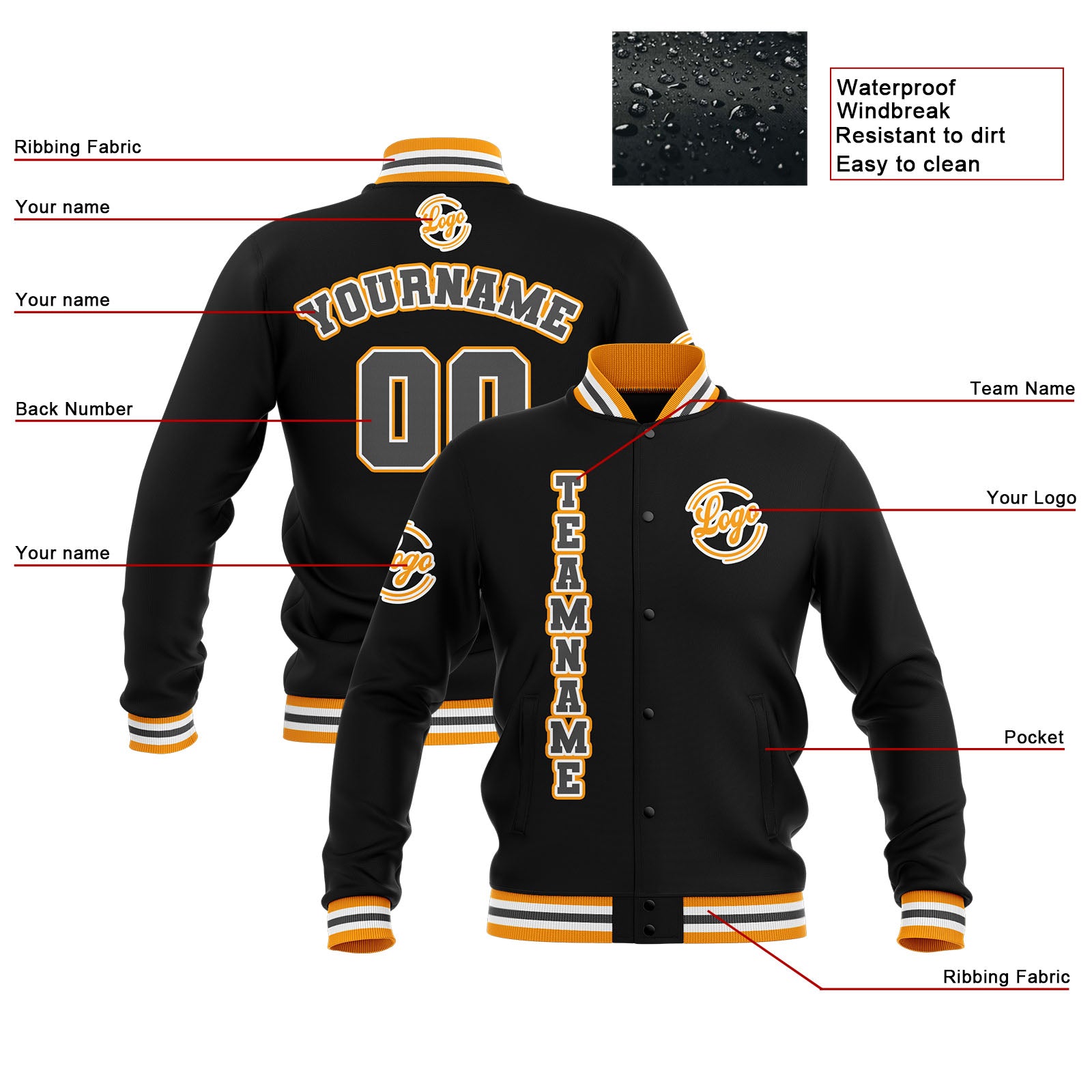 Custom Black Yellow Grey Waterproof Varsity Jackets Personalized Stitched Name Number Logo to Letterman Jackets