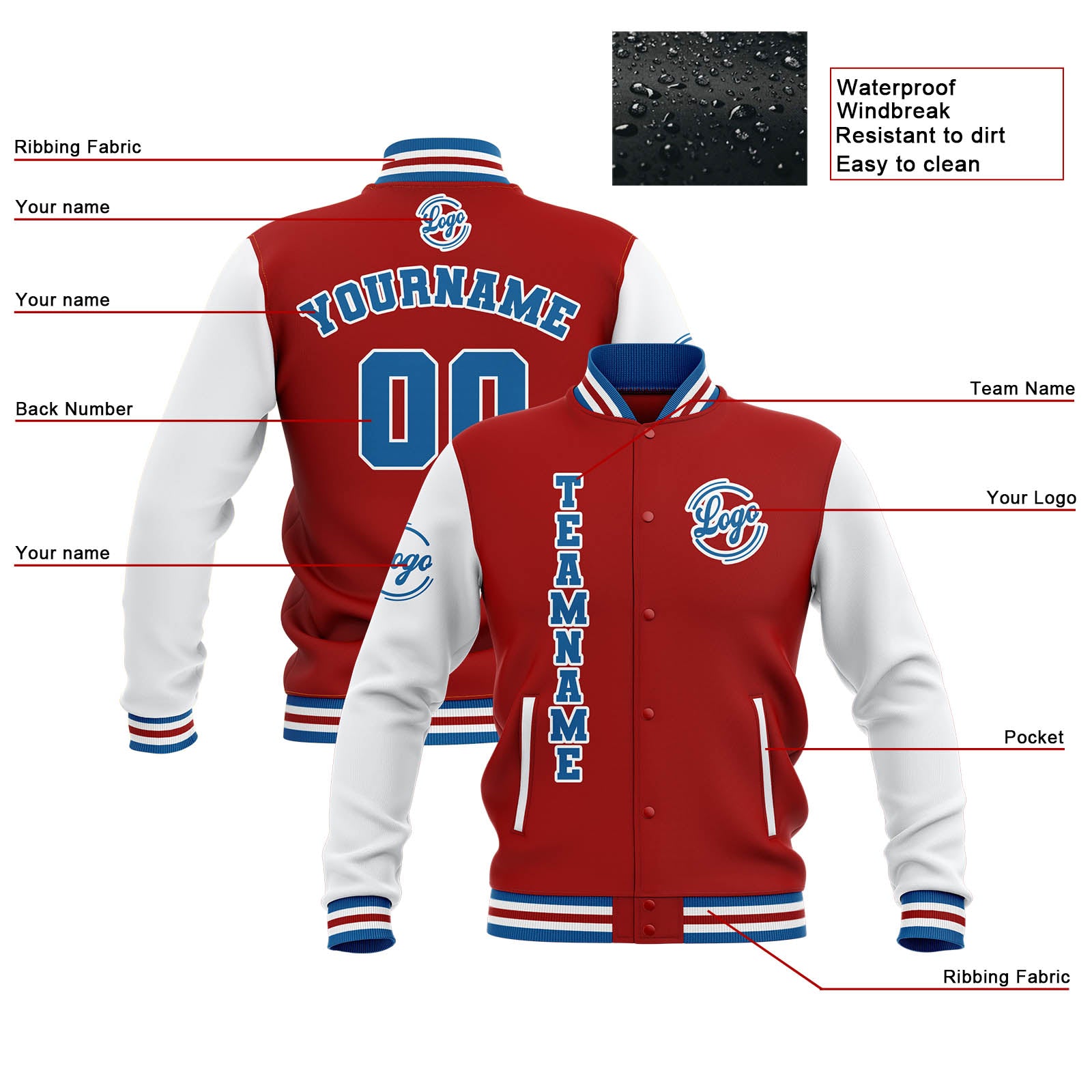 Custom Red White Blue Waterproof Varsity Jackets Personalized Stitched Name Number Logo to Letterman Jackets