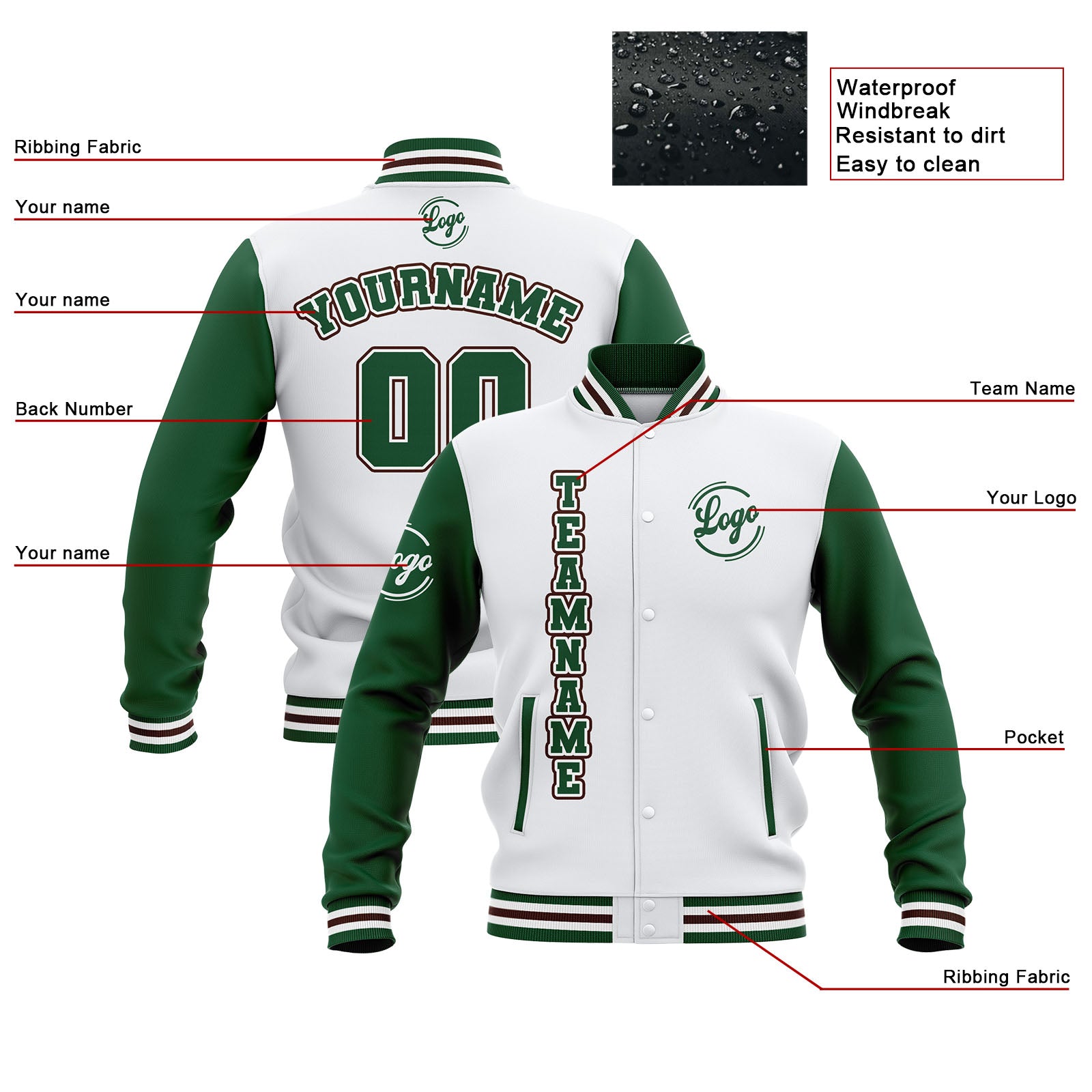 Custom White Green Brown Waterproof Varsity Jackets Personalized Stitched Name Number Logo to Letterman Jackets